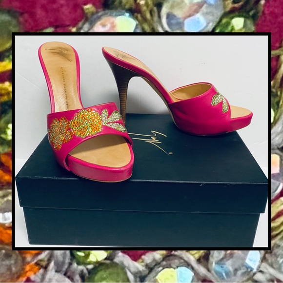 Giuseppe Zanotti Fuschia Pink Leather Floral Crystal Stiletto Mule Slide Shoe 9B - Picture 10 of 10